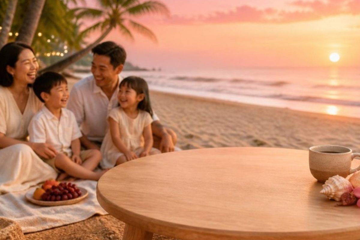 Gia đình quây quần trên bãi biển lúc hoàng hôn